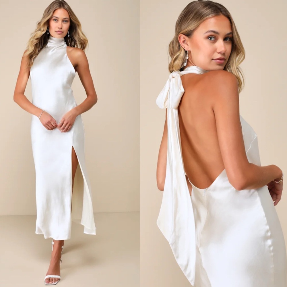 Lulus Ivory Halter Backless Slip Midi Dress NWT